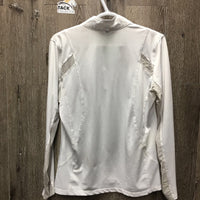 LS Show Sun Shirt, 1/4 snap up, snap collar, mesh sleeves *fair, v.dingy, stains, seam puckers, snags, stretched mesh, pits