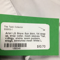 LS Show Sun Shirt, 1/4 snap up, snap collar, mesh sleeves *fair, v.dingy, stains, seam puckers, snags, stretched mesh, pits