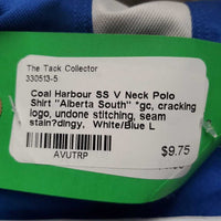 SS V Neck Polo Shirt "Alberta South" *gc, cracking logo, undone stitching, seam stain?dingy
