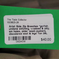 Side Zip Breeches *gc/fair, undone stitching, v.rubbed & pilly, sm holes, older, seam puckers, discolored seat & legs
