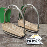 Pr HS Angled Stirrup Irons *fair, older, tape, scuffed, oxidization, foot grips- rubbed, dry, cracking, stained
