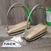 Pr HS Angled Stirrup Irons *fair, older, tape, scuffed, oxidization, foot grips- rubbed, dry, cracking, stained
