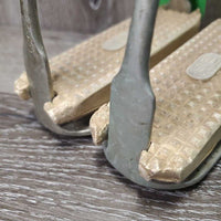 Pr HS Angled Stirrup Irons *fair, older, tape, scuffed, oxidization, foot grips- rubbed, dry, cracking, stained
