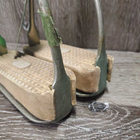 Pr HS Angled Stirrup Irons *fair, older, tape, scuffed, oxidization, foot grips- rubbed, dry, cracking, stained
