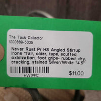 Pr HS Angled Stirrup Irons *fair, older, tape, scuffed, oxidization, foot grips- rubbed, dry, cracking, stained
