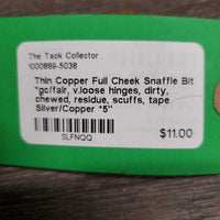 Thin Copper Full Cheek Snaffle Bit *gc/fair, v.loose hinges, dirty, chewed, residue, scuffs, tape
