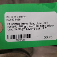 Pr Stirrup Irons *fair, older, dirt, rusted, pitting, scuffed, foot grips- dry, melting?
