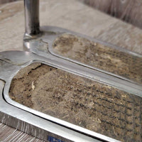 Pr Hvy Safety Stirrup Irons, Hinge Side, carpet grips *gc, dirty, rubbed/cracked/dry grips, scuffs, older, rubs, residue
