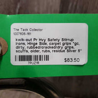 Pr Hvy Safety Stirrup Irons, Hinge Side, carpet grips *gc, dirty, rubbed/cracked/dry grips, scuffs, older, rubs, residue
