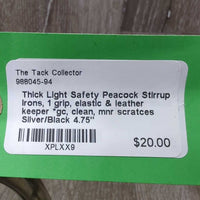 Thick Light Safety Peacock Stirrup Irons, 1 grip, elastic & leather keeper *gc, clean, mnr scratces
