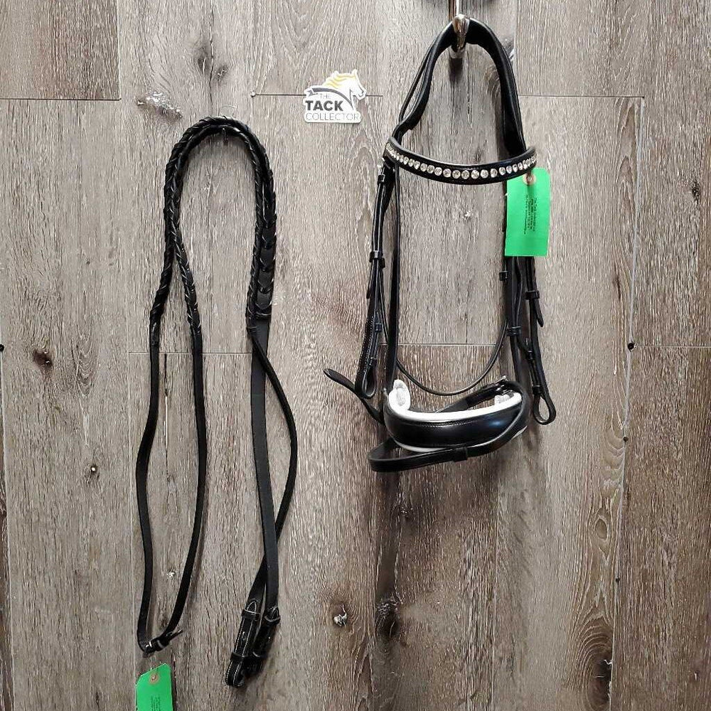 Monocrown Rsd Dressage Bridle, Crank, Flash, Rsd/FS Braided Reins, Bling *like new, mnr creases & curled ends