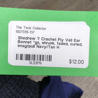 Crochet Fly Veil Ear Bonnet *gc, shrunk, faded, curled, snag/pull
