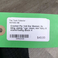 Soft Crochet Fly Veil Ear Bonnet, 2x bling, piping *vgc, clean, mnr hairy & stains/fading
