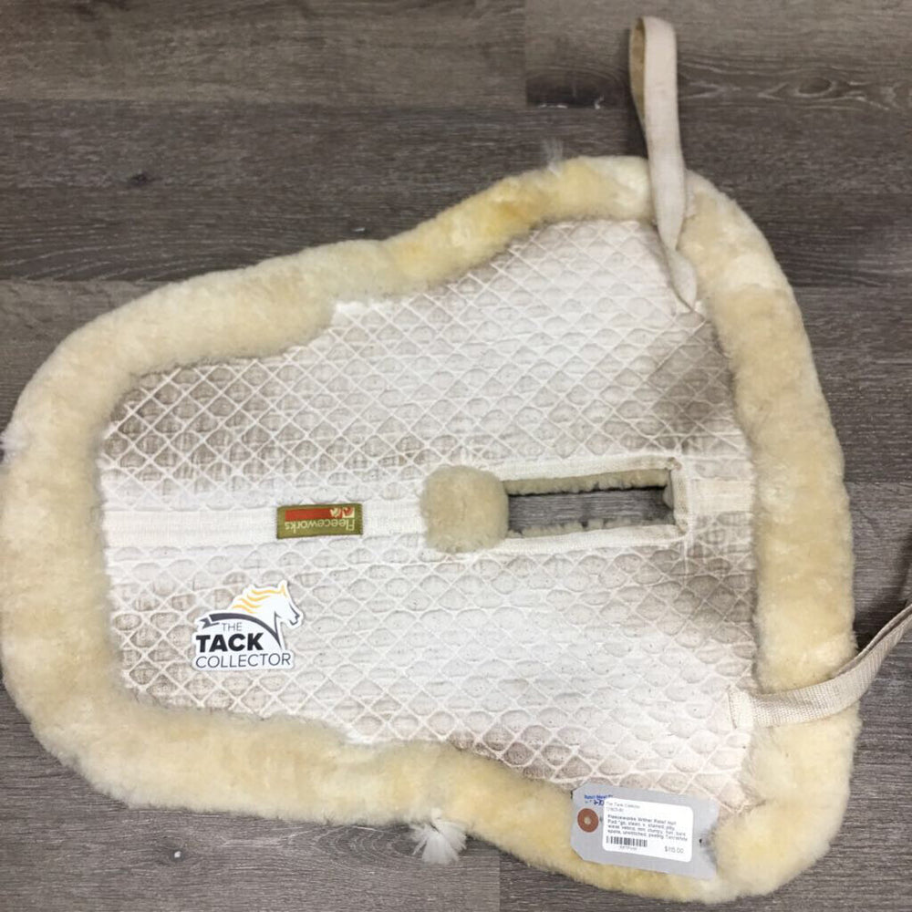 Quilt Sheepskin Wither Relief Half Pad, rolled edges *gc, clean, v. stained, pilly, weak velcro, mnr clumpy, hair, bare spots, unstitched, peeling