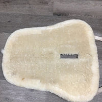 Quilt Sheepskin Wither Relief Half Pad, rolled edges *gc, clean, v. stained, pilly, weak velcro, mnr clumpy, hair, bare spots, unstitched, peeling