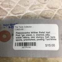 Quilt Sheepskin Wither Relief Half Pad, rolled edges *gc, clean, v. stained, pilly, weak velcro, mnr clumpy, hair, bare spots, unstitched, peeling
