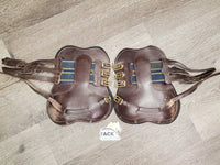 Open Front Leather Boots, buckles, neoprene velcro liner *gc/fair, v.scraped, v.rubbed, pain, scratches, dry, stiff, mnr dirt & hair
