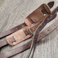 Open Front Leather Boots, buckles, neoprene velcro liner *gc/fair, v.scraped, v.rubbed, pain, scratches, dry, stiff, mnr dirt & hair
