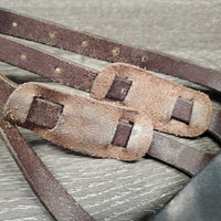 Open Front Leather Boots, buckles, neoprene velcro liner *gc/fair, v.scraped, v.rubbed, pain, scratches, dry, stiff, mnr dirt & hair
