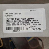 Open Front Leather Boots, buckles, neoprene velcro liner *gc/fair, v.scraped, v.rubbed, pain, scratches, dry, stiff, mnr dirt & hair
