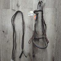 FS Rsd Padded Bridle, Braided Reins *gc/fair, mismatched, v.dirty, loose hooks & stitching, xholes

