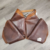 v.thick Hvy Leather Chinks, "Paul", string front strap *gc, scuffs, salt stains?film, scratches, mnr edge chews?scrapes
