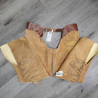 Suede Shotgun Chaps, fringe, buckstitch, thigh pockets, tooled hardware *like new