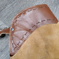 Suede Shotgun Chaps, fringe, buckstitch, thigh pockets, tooled hardware *like new