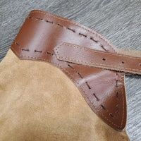 Suede Shotgun Chaps, fringe, buckstitch, thigh pockets, tooled hardware *like new