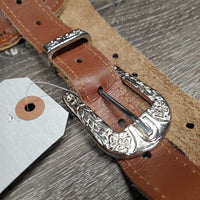 Suede Shotgun Chaps, fringe, buckstitch, thigh pockets, tooled hardware *like new