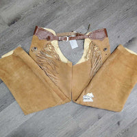 Suede Shotgun Chaps, fringe, buckstitch, thigh pockets, tooled hardware *like new
