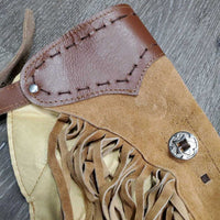 Suede Shotgun Chaps, fringe, buckstitch, thigh pockets, tooled hardware *like new
