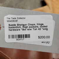 Suede Shotgun Chaps, fringe, buckstitch, thigh pockets, tooled hardware *like new