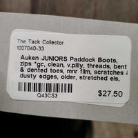 JUNIORS Paddock Boots, zips *gc, clean, v.pilly, threads, bent & dented toes, mnr film, scratches & dusty edges, older, stretched els, folded insoles
