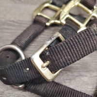 Thick Nylon Halter, adj, snap *vgc, clean, faded & discolored, stains, mnr stretched holes, scraped hardware
