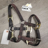 Thick Nylon Halter, adj, snap *vgc, clean, faded & discolored, stains, mnr stretched holes, scraped hardware
