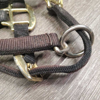 Thick Nylon Halter, adj, snap *vgc, clean, faded & discolored, stains, mnr stretched holes, scraped hardware
