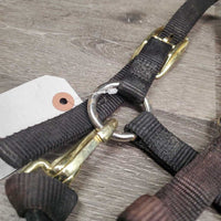 Thick Nylon Halter, adj, snap *vgc, clean, faded & discolored, stains, mnr stretched holes, scraped hardware