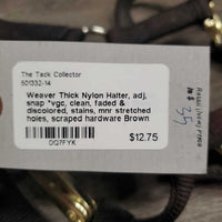 Thick Nylon Halter, adj, snap *vgc, clean, faded & discolored, stains, mnr stretched holes, scraped hardware