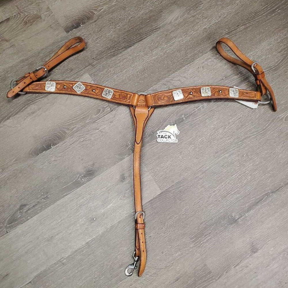 #12934 BreastCollar, snap, +Conchos & Rivets *vgc, clean, mnr dirt, scrapes, stains & rust, xholes, sloppy rivets