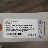 #12934 BreastCollar, snap, +Conchos & Rivets *vgc, clean, mnr dirt, scrapes, stains & rust, xholes, sloppy rivets
