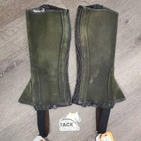 Hvy Suede Half Chaps *vgc/gc clean, faded, stiff, dry, rubs, scrapes, mnr thread, bubbled elastic
