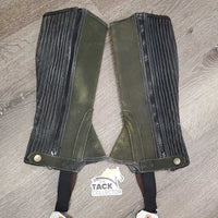 Hvy Suede Half Chaps *vgc/gc clean, faded, stiff, dry, rubs, scrapes, mnr thread, bubbled elastic
