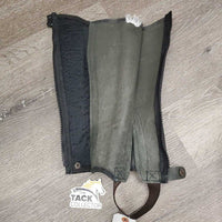 Hvy Suede Half Chaps *vgc/gc clean, faded, stiff, dry, rubs, scrapes, mnr thread, bubbled elastic
