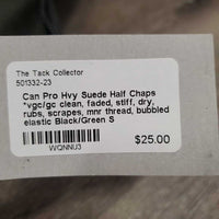 Hvy Suede Half Chaps *vgc/gc clean, faded, stiff, dry, rubs, scrapes, mnr thread, bubbled elastic
