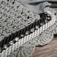 Crochet Fly Veil Ear Bonnet, 1x bling, 2x piping *like new
