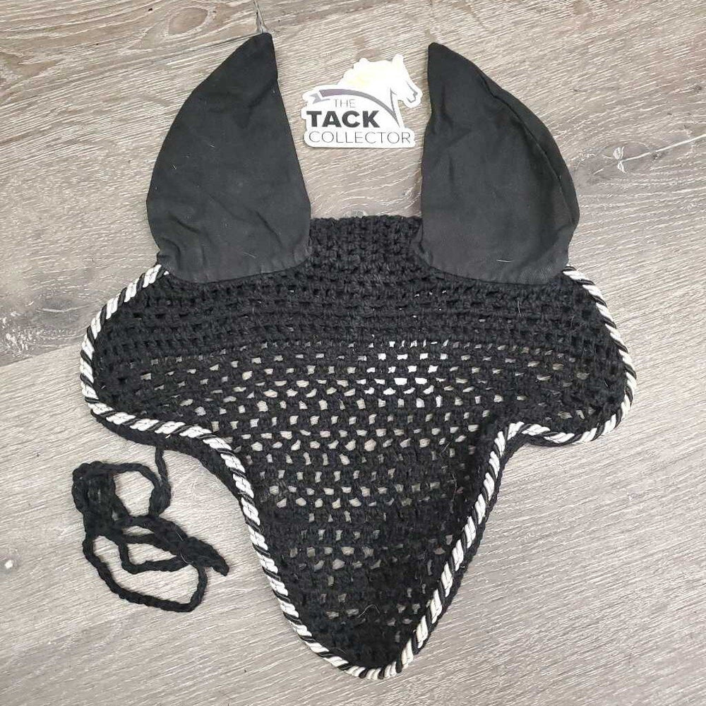 Crochet Fly Bonnet Ear Veil, piping, string *gc, older, clean, v.curled, faded, shortened string