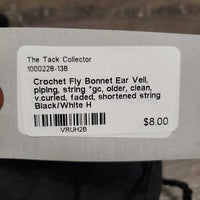 Crochet Fly Bonnet Ear Veil, piping, string *gc, older, clean, v.curled, faded, shortened string
