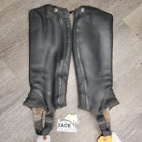 Leather Half Chaps, Back Zips *fair, rubs, peeled, holey, unstitched, dirty, stiff zips
