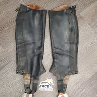 Leather Half Chaps, Back Zips *fair, rubs, peeled, holey, unstitched, dirty, stiff zips
